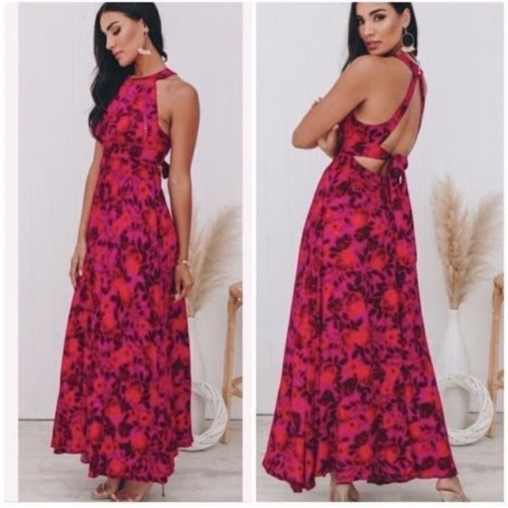 Abel the Label Charlotte Boho Red Pink Rose Print Maxi Dress Anthropologie Small